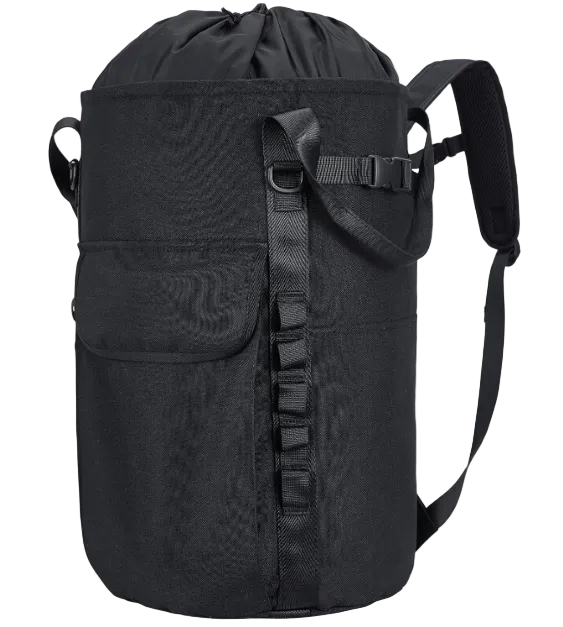 A black cylindrical drawstring storage bag with a front utility pocket and a vertical strap with multiple buckle attachments, shown against a light gray background.