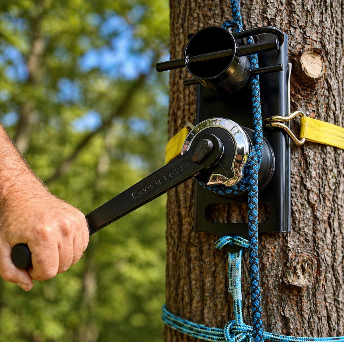 Person using Hold Fast Rigging System on tree